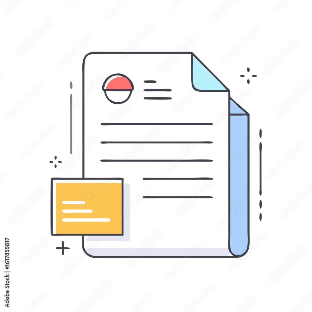 Poster stylized illustration of a paper document with folded corner and additional notes