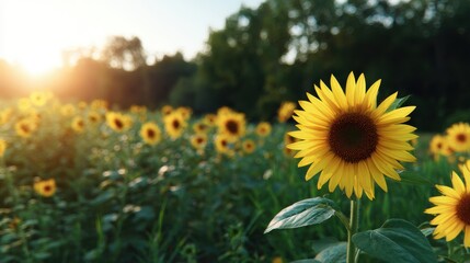 Obraz premium A vibrant sunflower stands out amidst a field of sunflowers, illuminated by warm sunlight during golden hour, creating a serene and cheerful atmosphere.