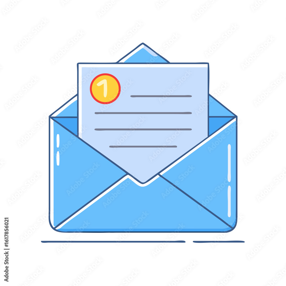 Poster opened blue envelope containing letter with notification mark and horizontal lines