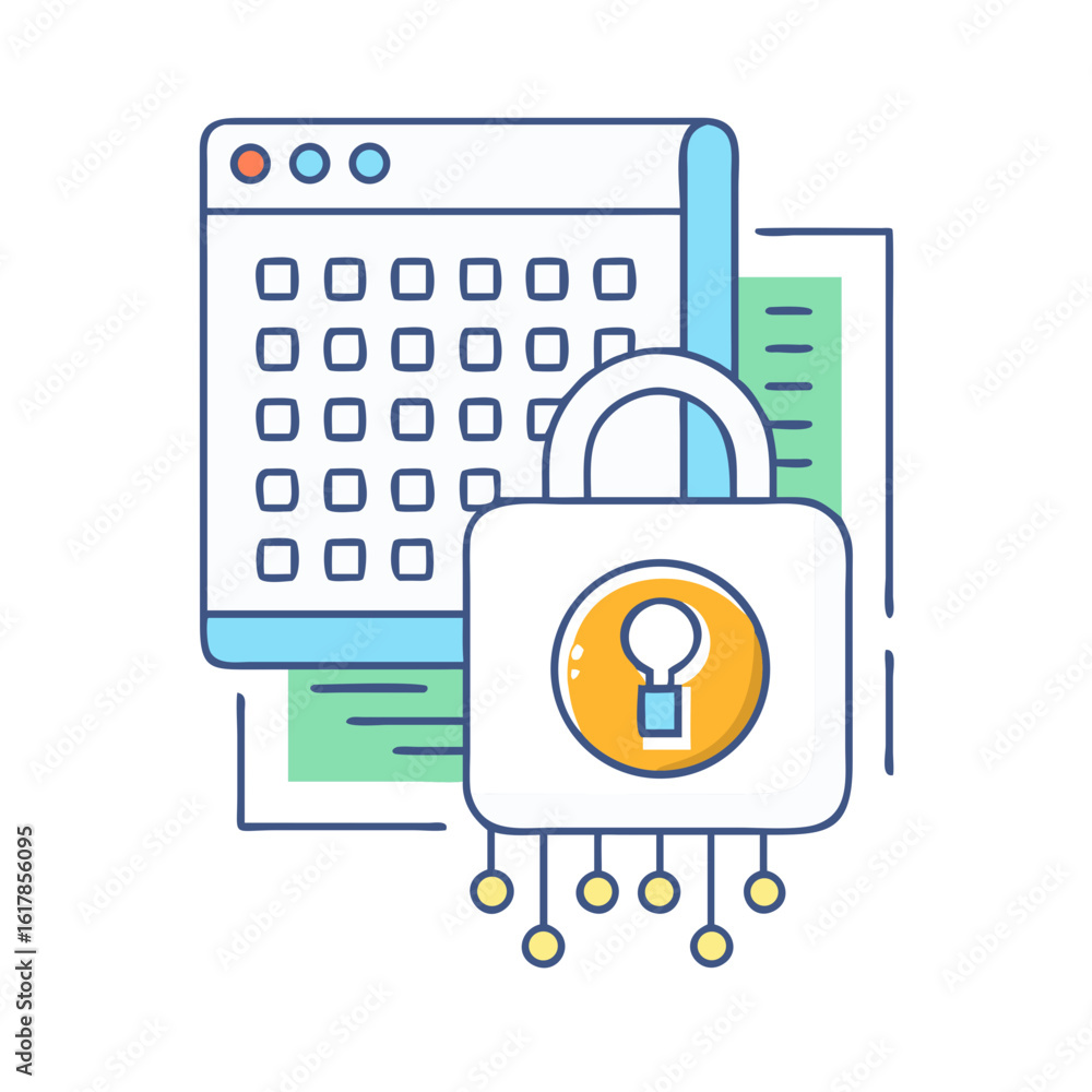 Poster robust data security with padlock protecting system and browser infrastructure illustration