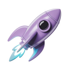 Fototapeta premium A purple rocket ship launching with blue flames isolated on transparent background represents space travel