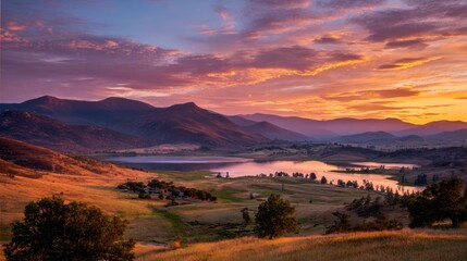 Obraz premium Orange and Pink Sunset Over a Valley Between Hills and Lake