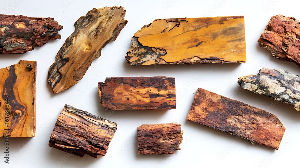 Poster tree bark pieces arranged on a white background for texture or craft projects