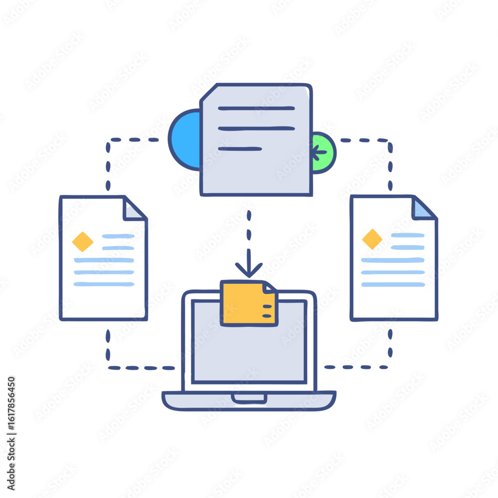 Poster document management system illustration, showing centralized file system and data management
