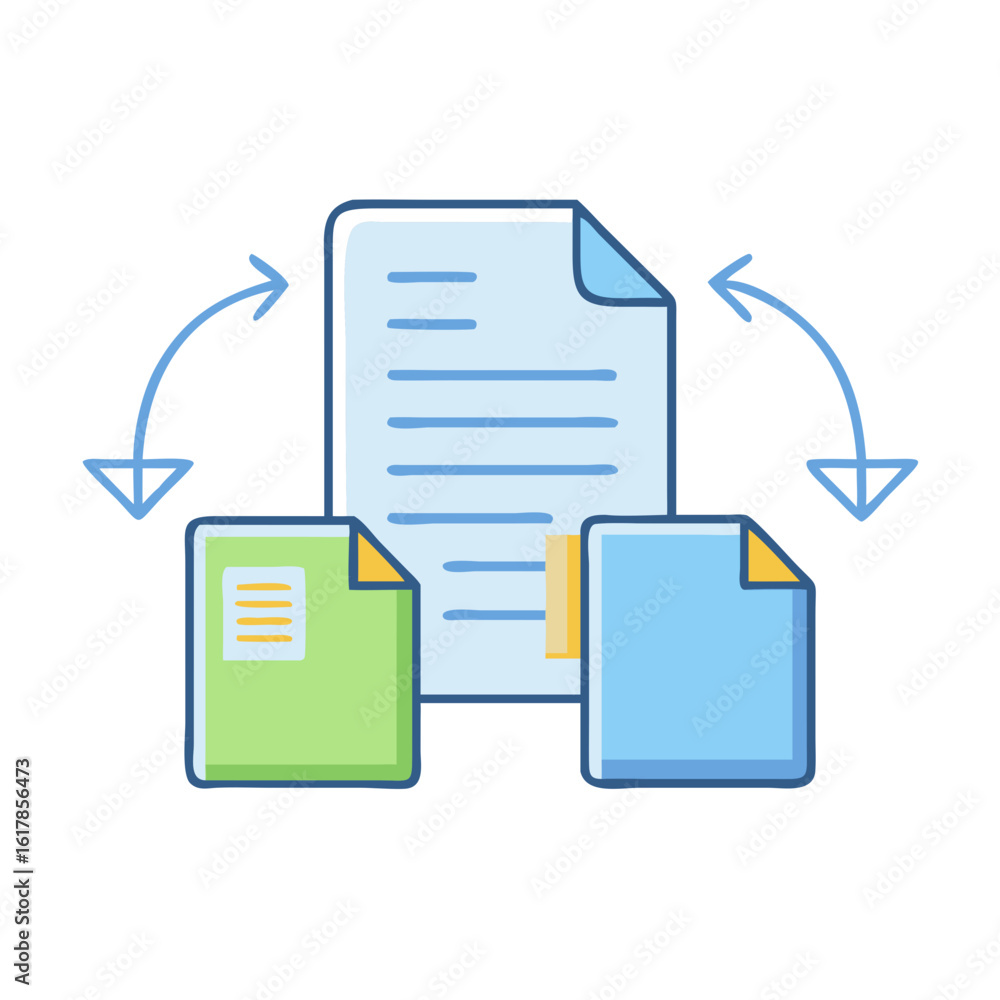 Poster document exchange or transfer concept with arrows indicating file movement between documents