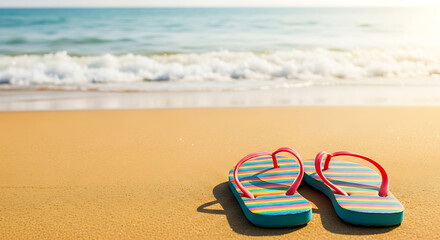 Summer vacation concept with colorful striped flip-flops on a tranquil sandy beach by the ocean.