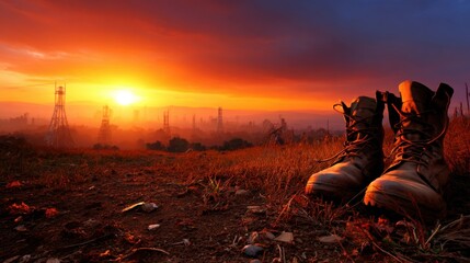 Old boots rest on the ground as a vibrant sunset casts a warm glow over an industrial landscape, creating a striking contrast between nature and machinery.