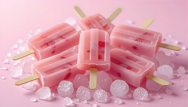 Pink Raspberry Ice Popsicles on Ice, Summer Refreshment, Sweet Treat, Pastel Background