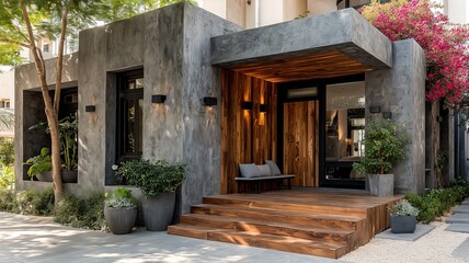 Modern Concrete and Wood Exterior House Entrance