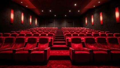 Empty cinema hall with red velvet seats.