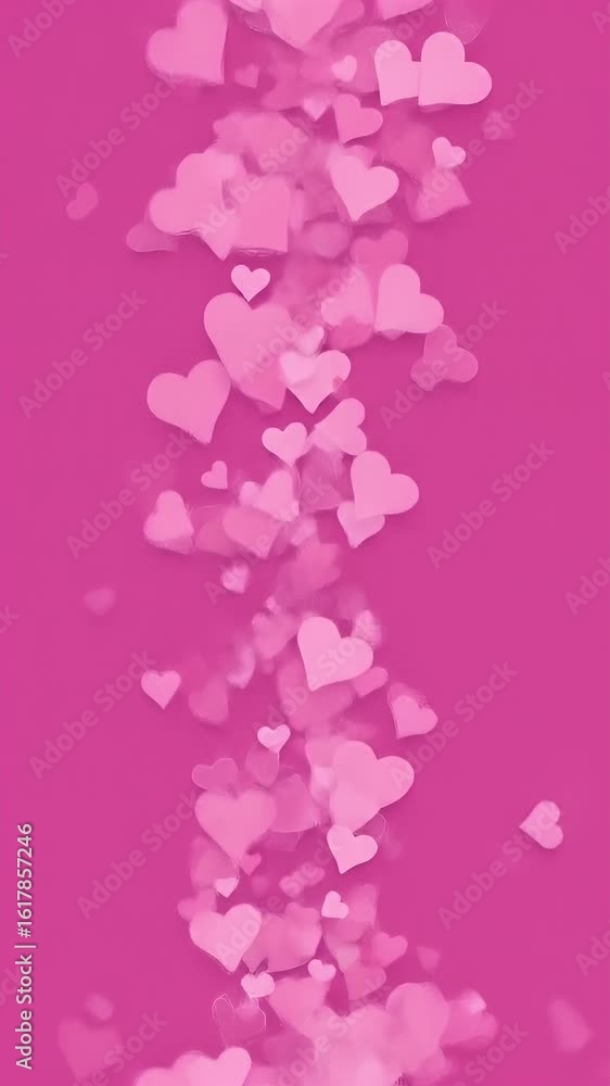 Poster abstract vertical composition with floating pink hearts on a fuchsia background