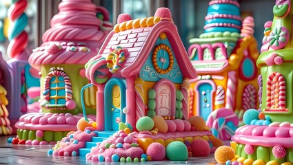 Obraz premium Photorealistic gingerbread house decorated with colorful candies and icing, glowing warmly from the inside, sitting on snow in a magical winter setting, 8K resolution, shallow depth of field, cinemati