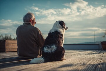 Living Best Life: Candid Moment of Senior Caucasian Man Relaxing on Deck with Dog in Daytime