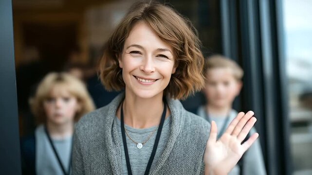 Teacher waving goodbye at classroom door as students leave