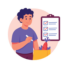 Take a look at this amazing flat illustration of a boy checking grocery list, ready to use illustration