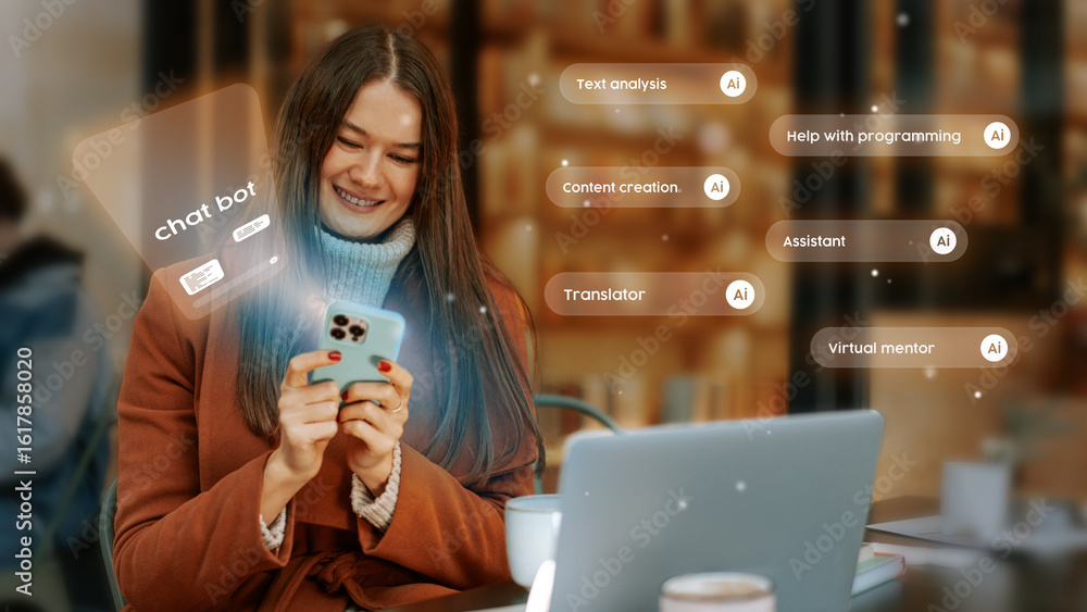 Poster young woman using smartphone in cafe while engaging with ai chatbot for creative tasks and programmi