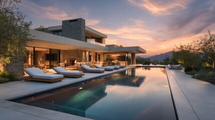 Fototapeta premium Luxury California Home. Modern Architecture with Sunloungers by Pool at Dusk