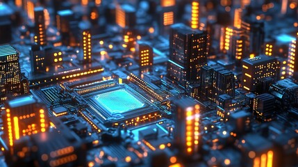 Obraz premium Futuristic Abstract Microchip with Circuit Board and Cityscape Glowing Elements