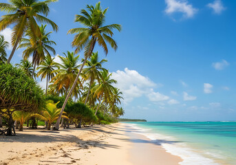 Fototapeta premium A serene tropical escape to a pristine sandy beach lined with lush palm trees and a crystal-clear turquoise ocean.