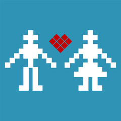 Pixel couple icon. National ornament heart. Folk symbol vector. Blue background shape. EPS 10.