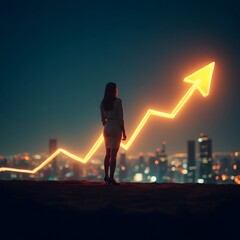 Businesswoman Standing on Glowing Arrow Chart Overlooking City Skyline at Night — Symbolic Financial Growth and Success Concept Art