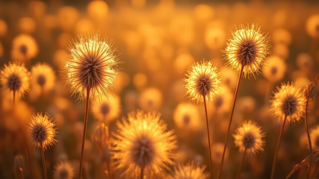 Golden hour illuminates a meadow of delicate seed heads, their feathery structures glowing in the warm light