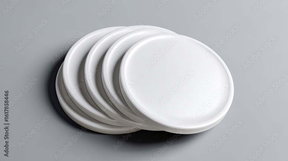 Poster stack of five white round textured plates on a smooth gray surface with subtle shadows