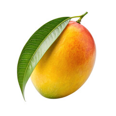 Vibrant ripe mango with green leaf isolated on transparent background