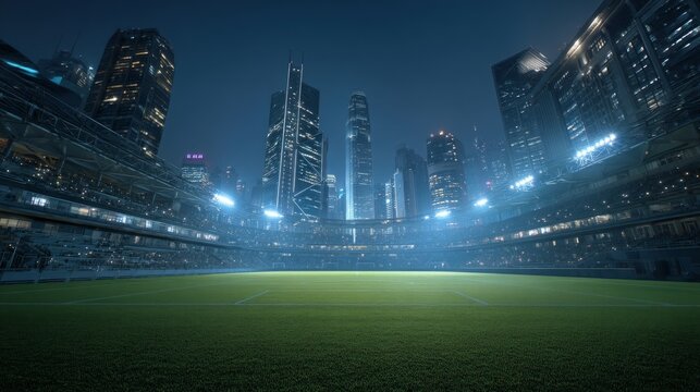 Modern city stadium at night with well-lit field and skyscrapers in background