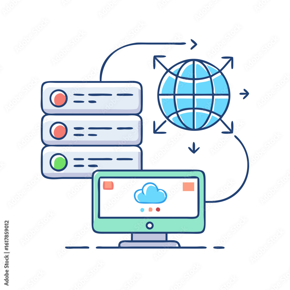 Poster cloud computing illustration featuring servers, global network, and computer display