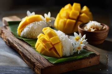 Mango Sticky Rice. Asian Culinary Delight with Coconut Cream and Banana Background