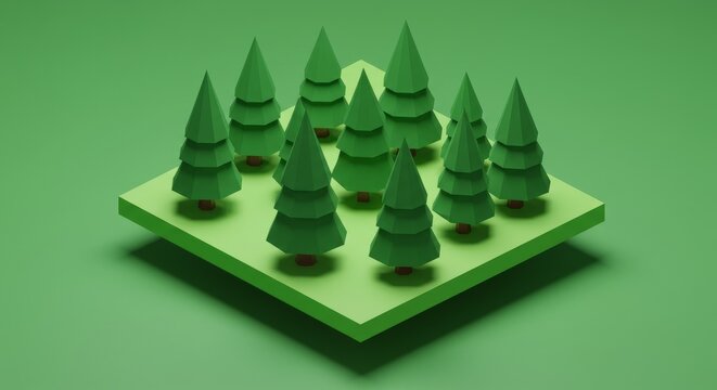 Low poly isometric view of a small forest with stylized green trees arranged on a square platform against a green background. - Powered by Adobe