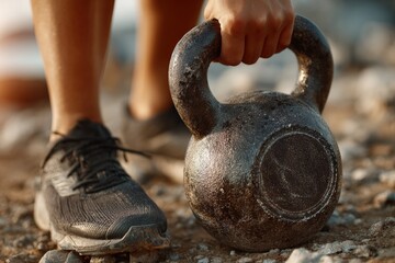 Close up of an athlete lifting a kettlebell during an outdoor CrossFit training session
