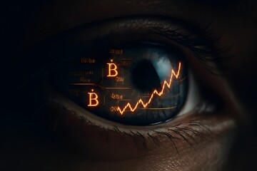 Close-Up of Human Eye Reflecting Digital Trading Screens with Stock Data, Bitcoin Logos, and Market Graphs — Symbolic Investor Focus Art