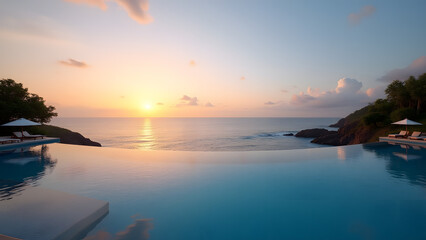 Naklejka premium Infinity Pool Overlooking Sunset Ocean Horizon