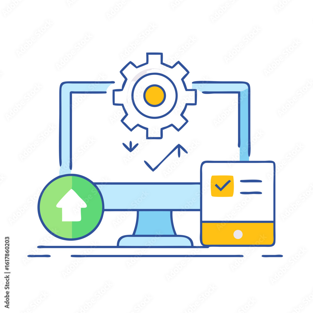 Poster data processing flow with gear, upload, and completion indicators on monitor