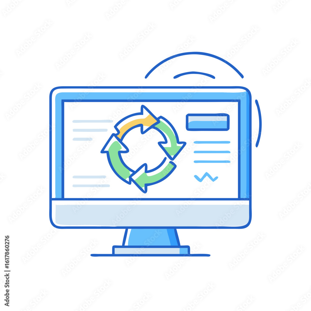 Poster computer screen showing a process cycle with green and yellow arrows