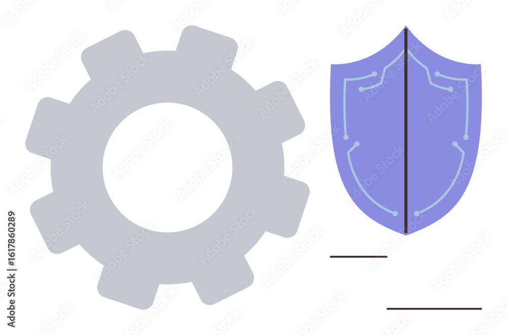 Poster gear symbolizing process or development next to a digital shield indicating cybersecurity. ideal for