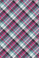 Twill seamless texture fabric, festival textile check pattern. Tile plaid tartan background vector in pink and cyan colors.