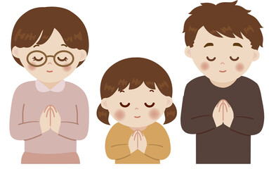 合掌する３人家族のかわいいイラスト