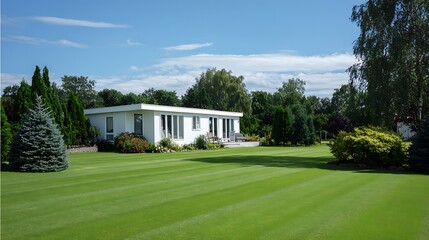 A modern white house with large lawn and trees under a partly cloudy blue sky day