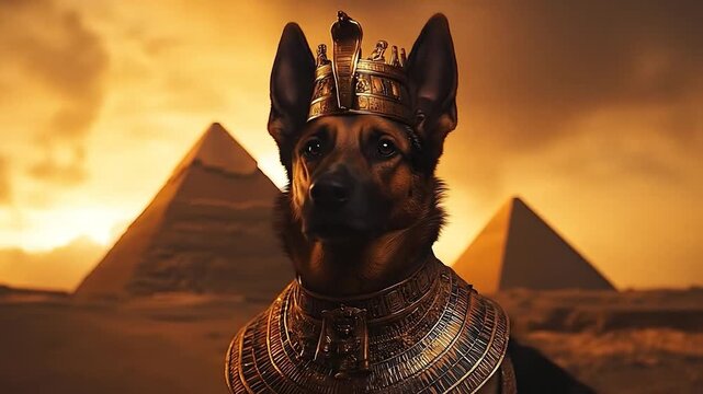 German Shepherd in Egyptian Pharaoh Attire with Pyramids