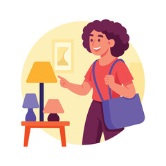 A cheerful woman with curly hair is exploring lamps in a home decor store.