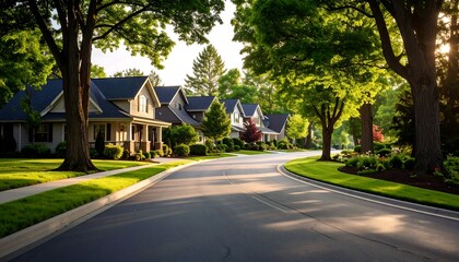Sunlit residential street, curving gently between houses and lush green trees