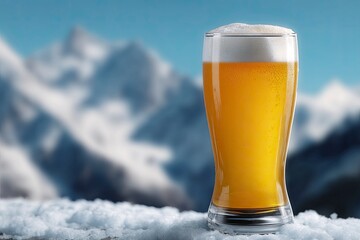 Tall glass of beer with a frothy head set on snow with a blurred snowy mountain background