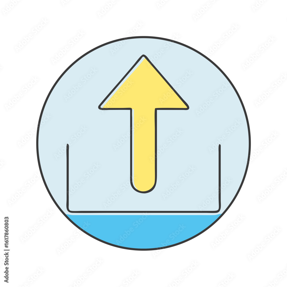 Poster stylized upload icon with yellow arrow inside a blue circle button