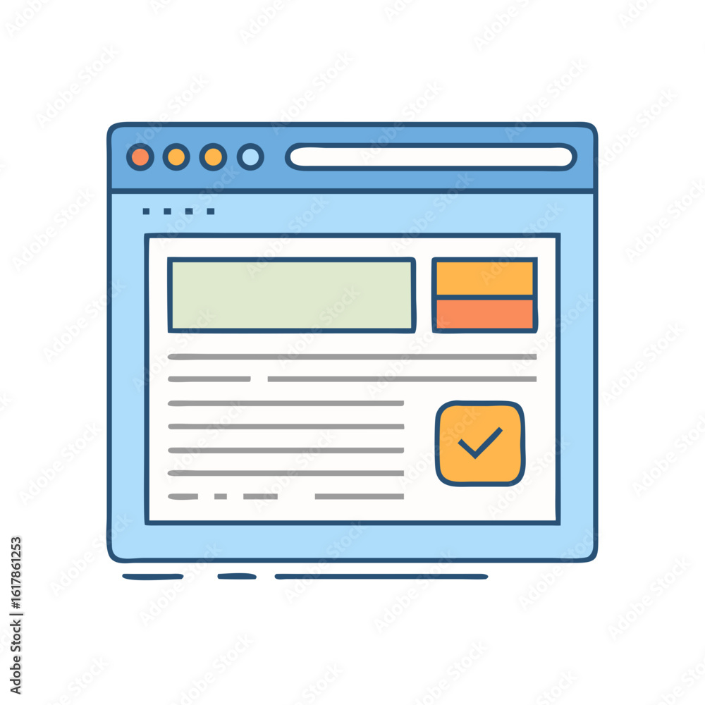 Poster stylized illustration of a web browser with a document and checkmark icon