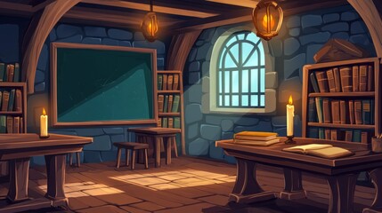 Naklejka premium Medieval classroom with stone walls, bookshelves, chalkboard, tables, and candles.