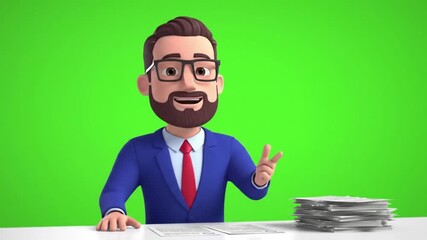 Smiling businessman in blue suit and red tie giving peace sign at desk with papers on green background - Powered by Adobe