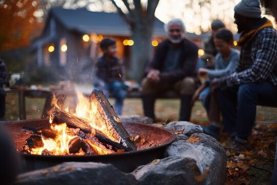 Men Around Fire. Family Bonding in Backyard with Fall Fire Pit